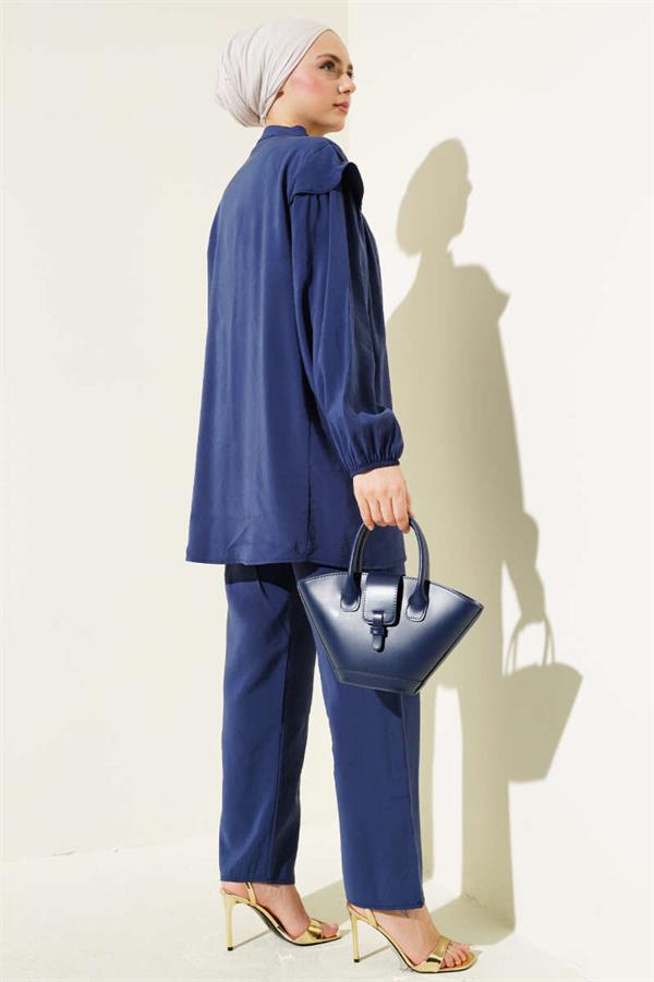 Shoulder Frilled Tencel Tunic 2 Piece Set Navy Blue