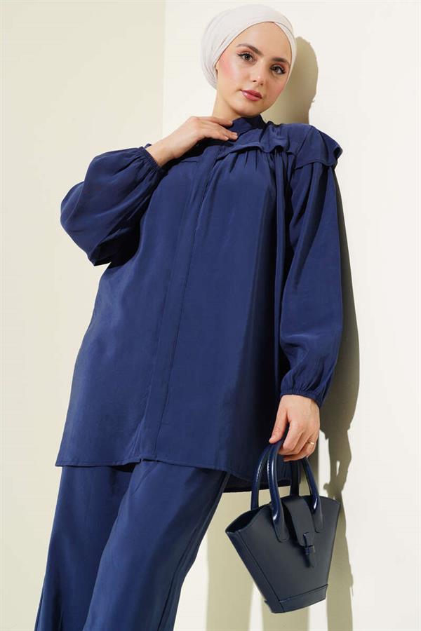 Shoulder Frilled Tencel Tunic 2 Piece Set Navy Blue