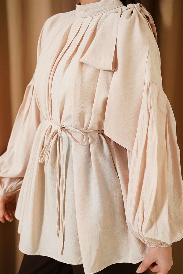Loose-fitting Tunic with Shoulder Bow, Mink Color