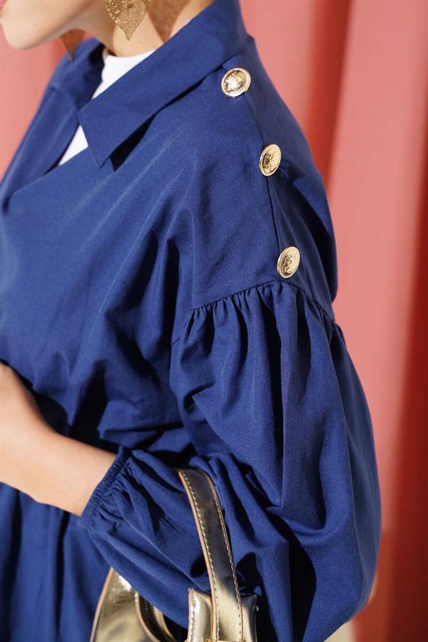Tunic with Shoulder Gold Button Detail, Navy Blue