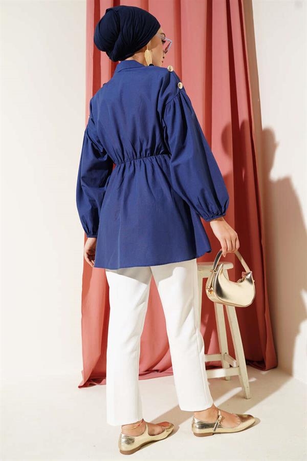 Tunic with Shoulder Gold Button Detail, Navy Blue