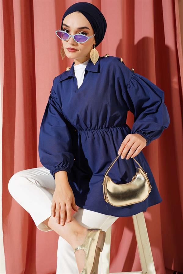 Tunic with Shoulder Gold Button Detail, Navy Blue