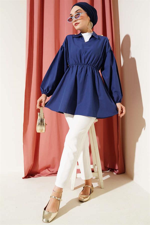 Tunic with Shoulder Gold Button Detail, Navy Blue
