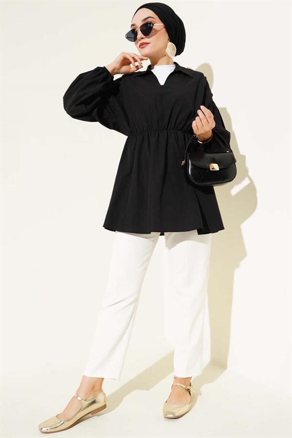Shoulder Gold Button Detailed Tunic Black