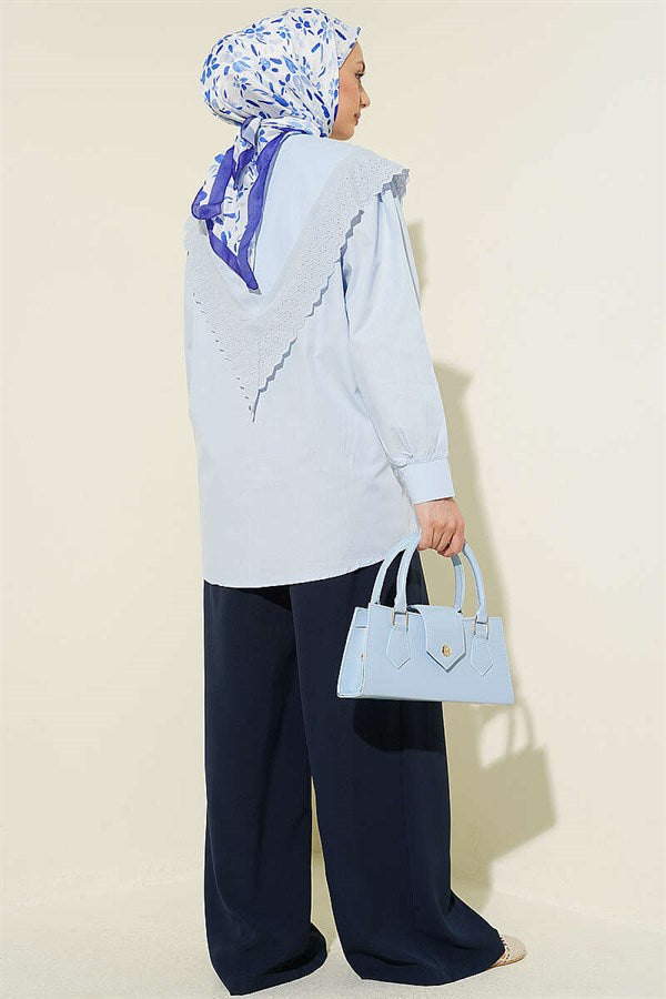 Sailor Collar Shirt with Lace Trim on Shoulders, Ice Blue
