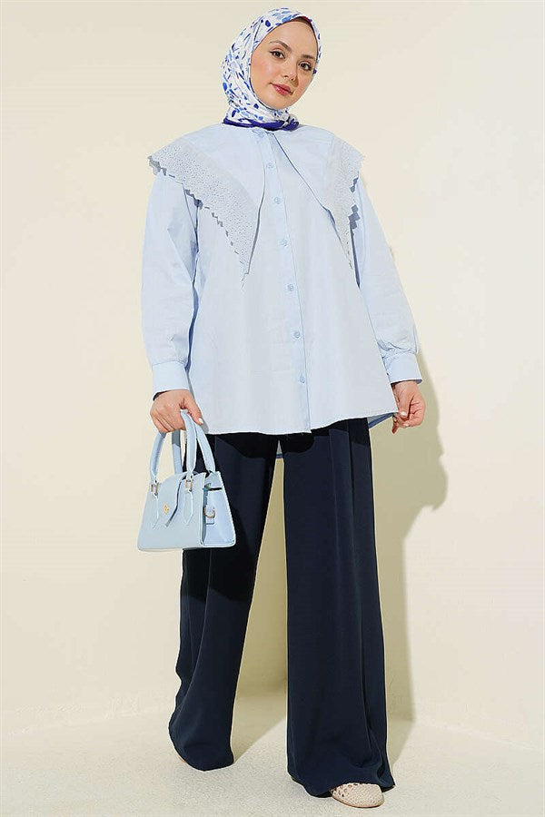 Sailor Collar Shirt with Lace Trim on Shoulders, Ice Blue
