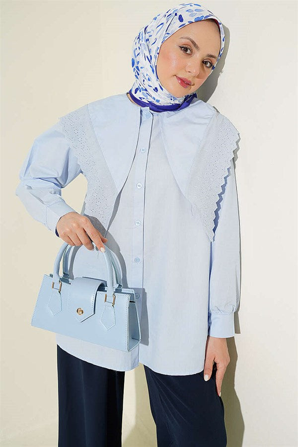 Sailor Collar Shirt with Lace Trim on Shoulders, Ice Blue