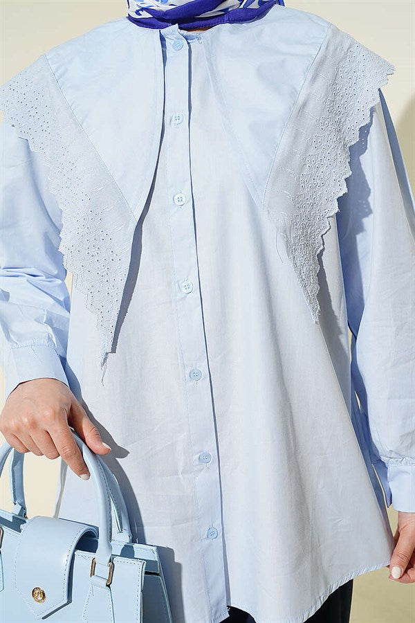 Sailor Collar Shirt with Lace Trim on Shoulders, Ice Blue