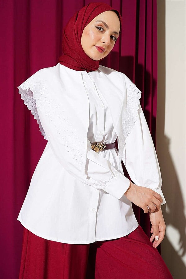 Ecru Sailor Collar Shirt with Lace Shoulder Detail