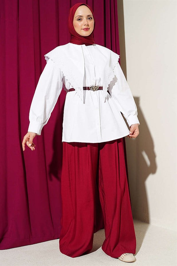 Ecru Sailor Collar Shirt with Lace Shoulder Detail