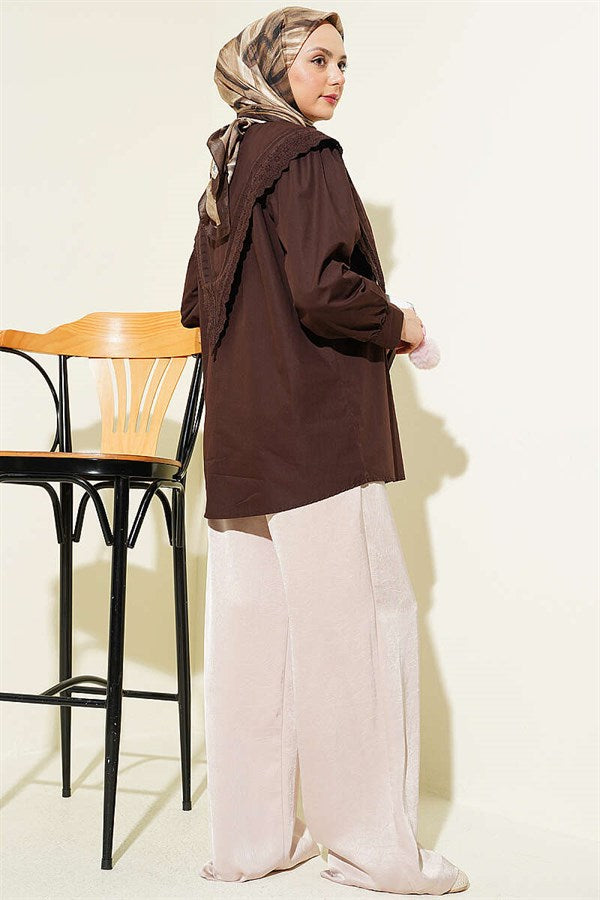 Shoulder Lace Sailor Collar Shirt, Brown