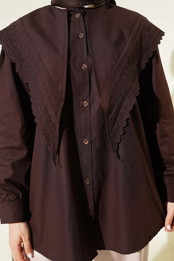 Shoulder Lace Sailor Collar Shirt, Brown