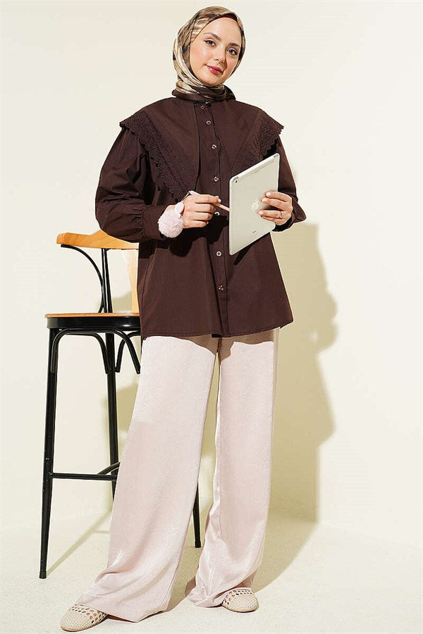 Shoulder Lace Sailor Collar Shirt, Brown