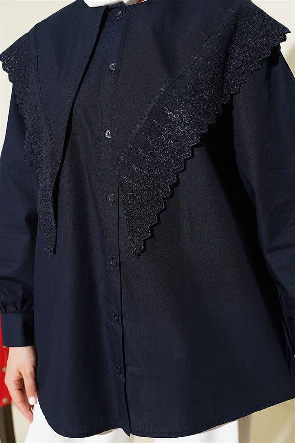 Navy Blue Sailor Collar Shirt with Lace Trim on Shoulders