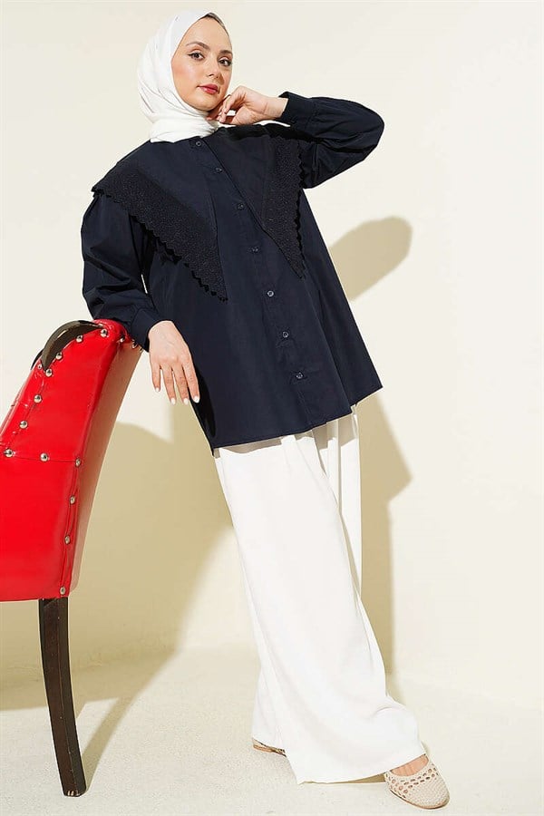 Navy Blue Sailor Collar Shirt with Lace Trim on Shoulders