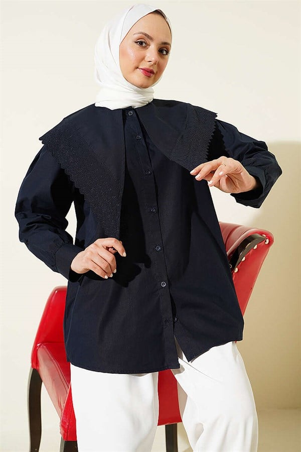 Navy Blue Sailor Collar Shirt with Lace Trim on Shoulders