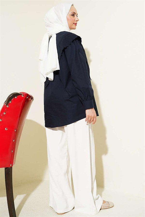 Navy Blue Sailor Collar Shirt with Lace Trim on Shoulders