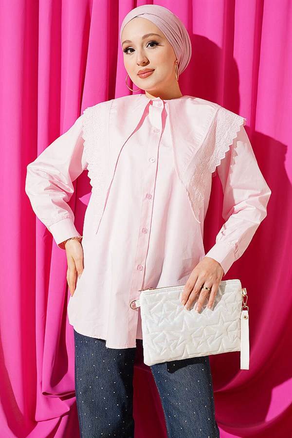 Pink Sailor Collar Shirt with Lace Trim on Shoulders