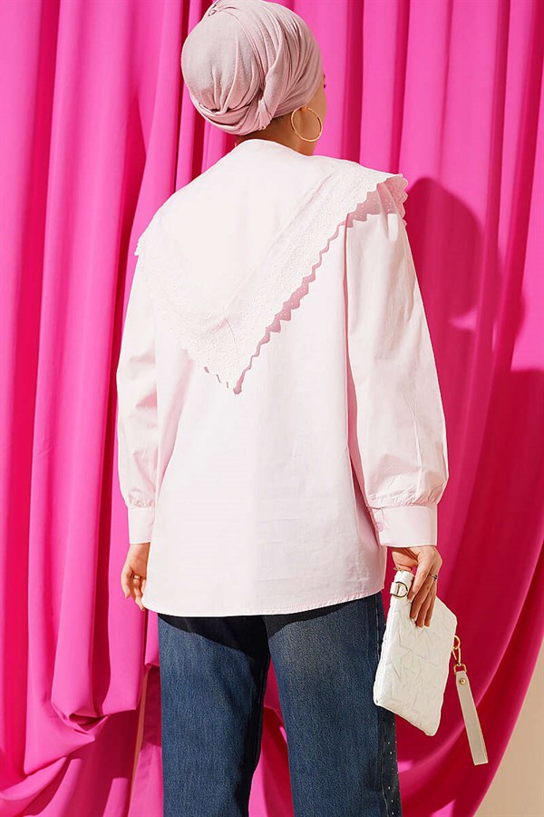 Pink Sailor Collar Shirt with Lace Trim on Shoulders
