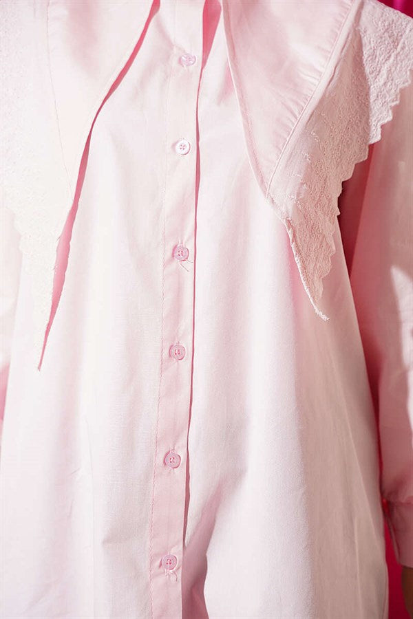 Pink Sailor Collar Shirt with Lace Trim on Shoulders