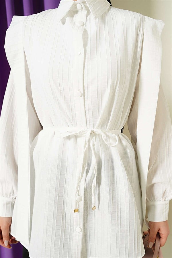 Shoulder Belted Striped Embossed Shirt, Ecru