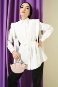 Shoulder Belted Striped Embossed Shirt, Ecru