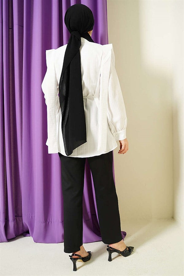 Shoulder Belted Striped Embossed Shirt, Ecru