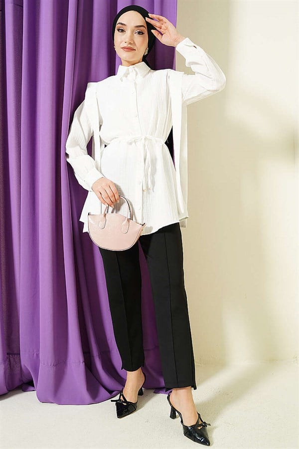 Shoulder Belted Striped Embossed Shirt, Ecru