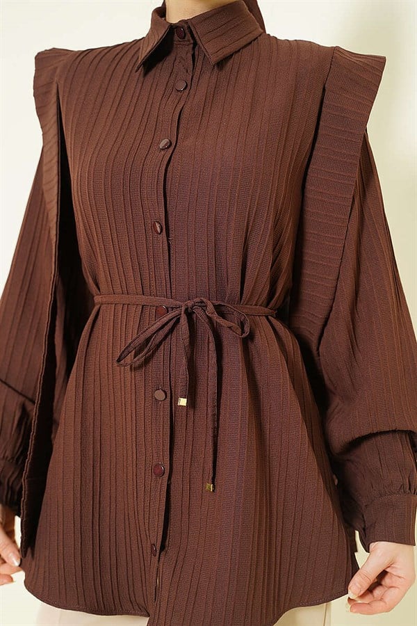 Shoulder Belted Striped Embossed Shirt, Coffee