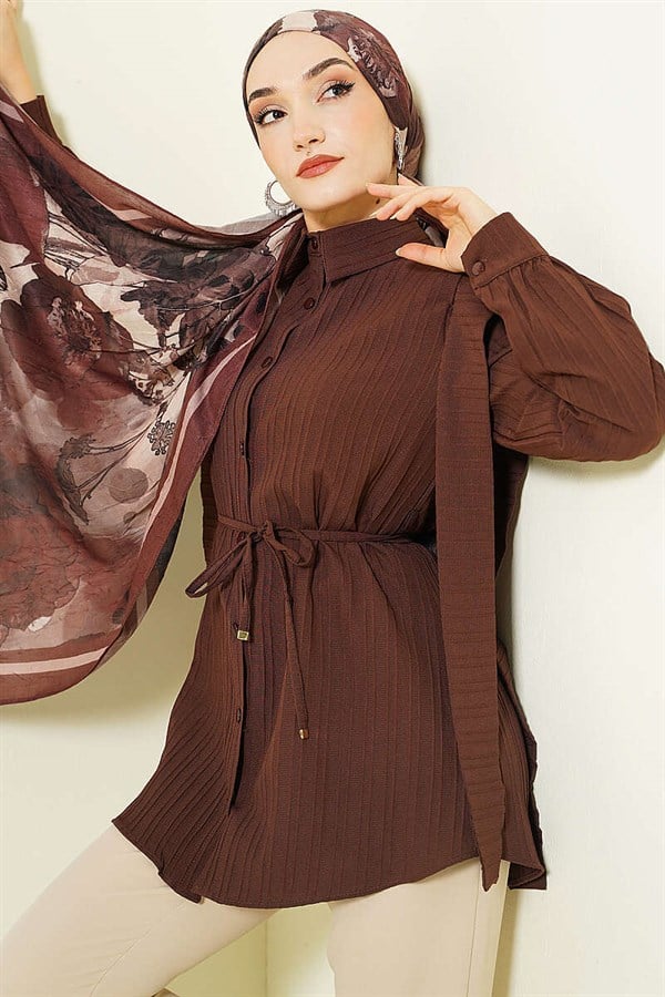 Shoulder Belted Striped Embossed Shirt, Coffee