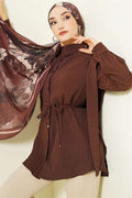 Shoulder Belted Striped Embossed Shirt, Coffee