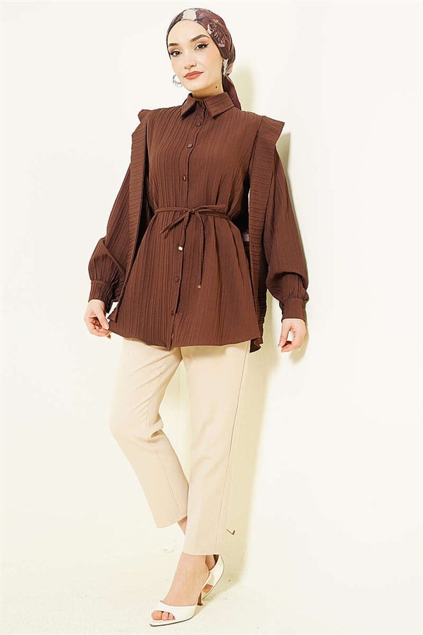 Shoulder Belted Striped Embossed Shirt, Coffee