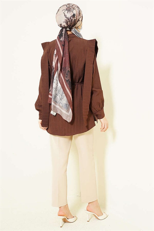 Shoulder Belted Striped Embossed Shirt, Coffee
