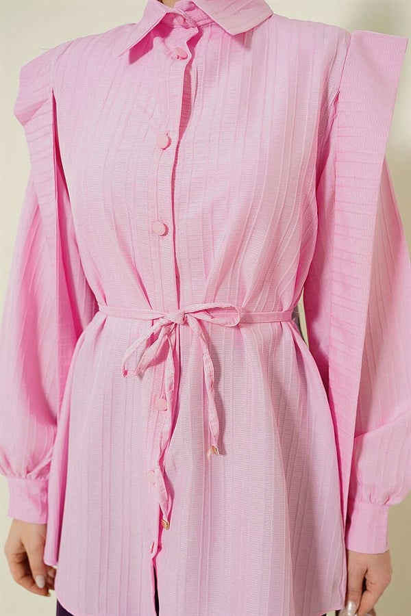 Pink Shirt with Shoulder Strap and Embossed Stripe