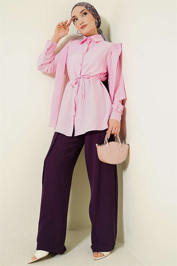 Pink Shirt with Shoulder Strap and Embossed Stripe