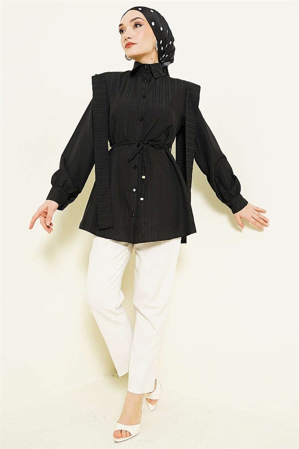 Shoulder Belted Striped Embossed Shirt Black
