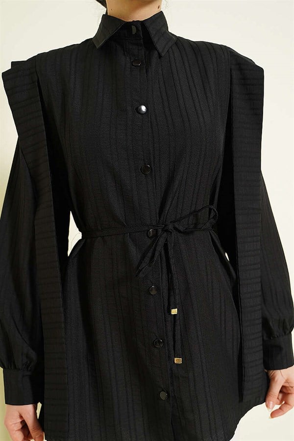 Shoulder Belted Striped Embossed Shirt Black