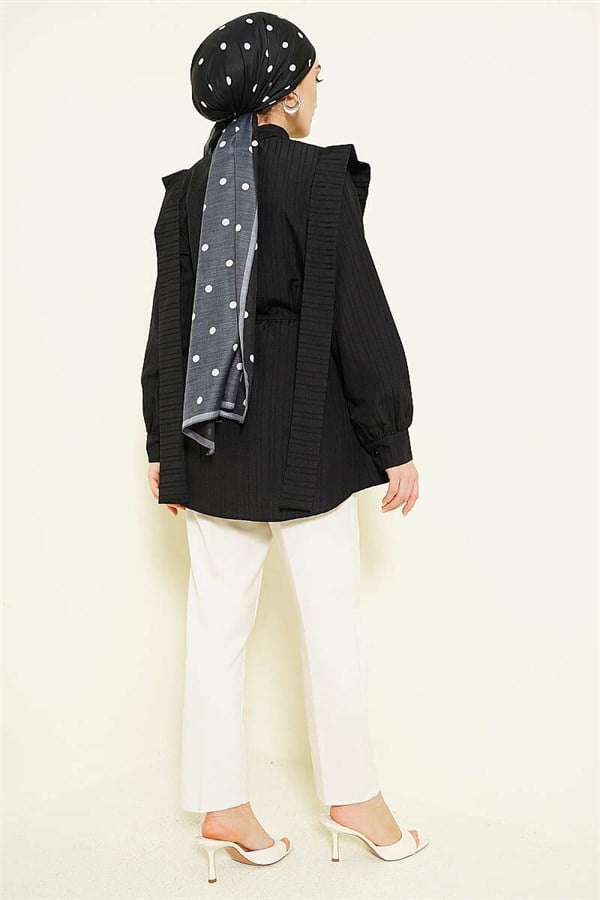 Shoulder Belted Striped Embossed Shirt Black