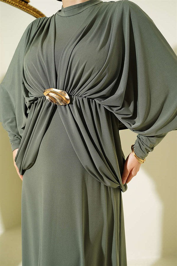 Off-Shoulder, Elastic Waist Sandy Dress, Khaki