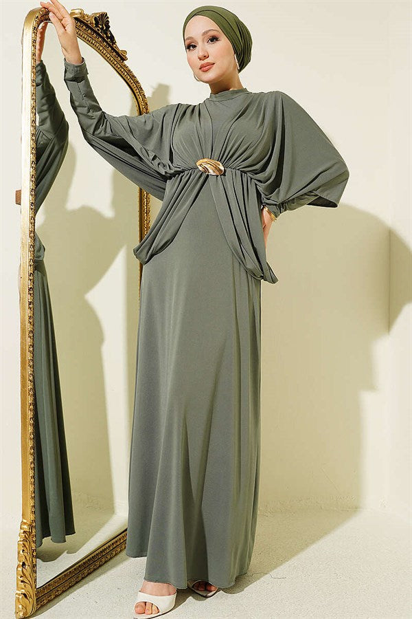 Off-Shoulder, Elastic Waist Sandy Dress, Khaki