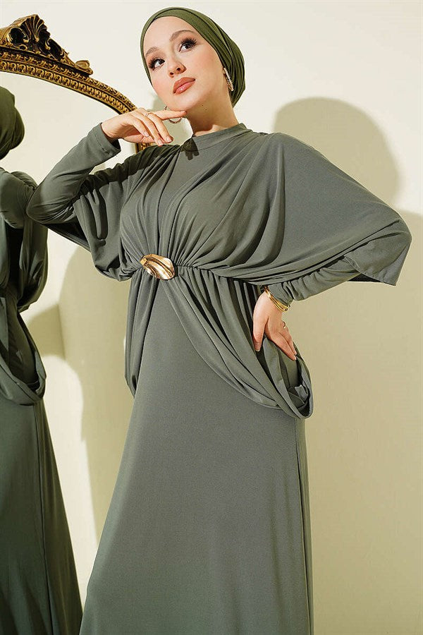 Off-Shoulder, Elastic Waist Sandy Dress, Khaki