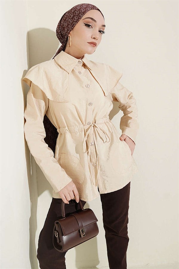 Shoulder-Separated Waist Tunnel Shirt, Beige