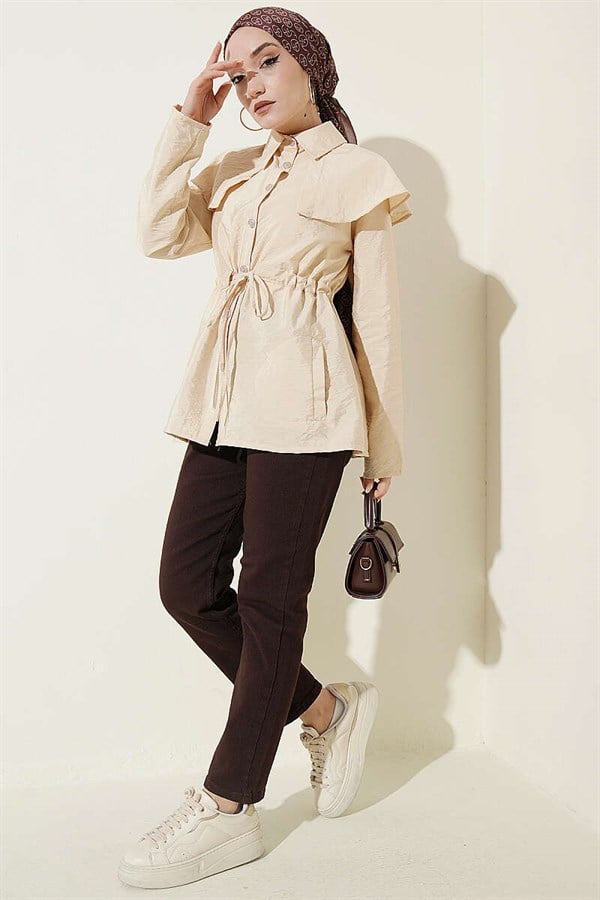 Shoulder-Separated Waist Tunnel Shirt, Beige
