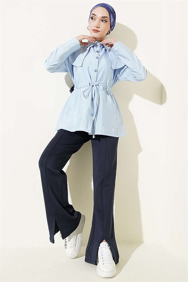 Shoulder-Separated Waist Tunnel Shirt, Blue