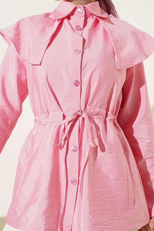 Pink Shirt with Shoulder Panels and Waist Tunnel
