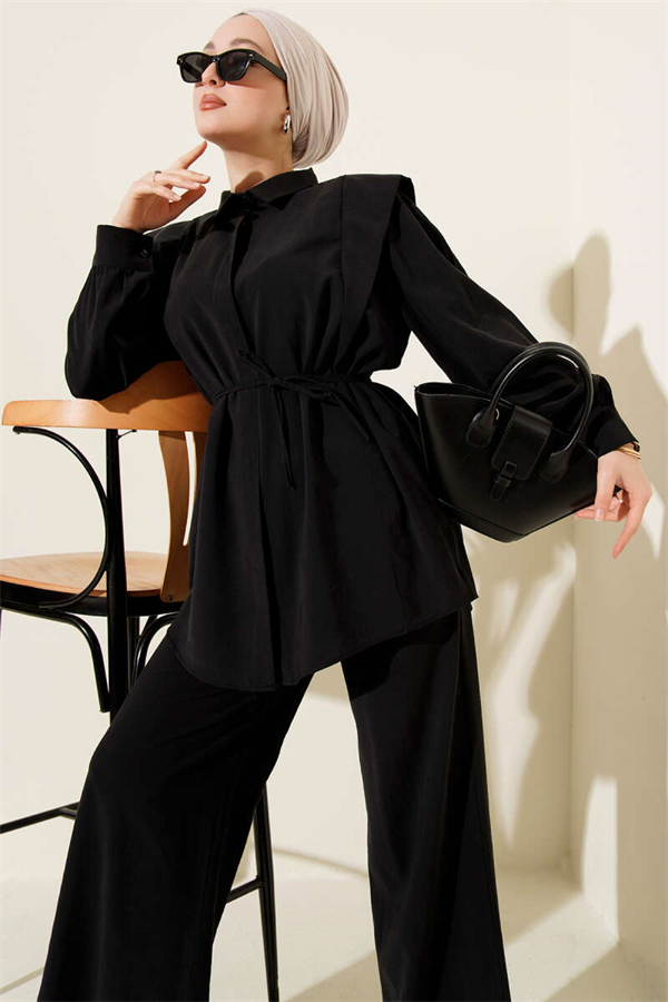 Shoulder-Mounted Tencel 2 Piece Set with Strap Belt, Black