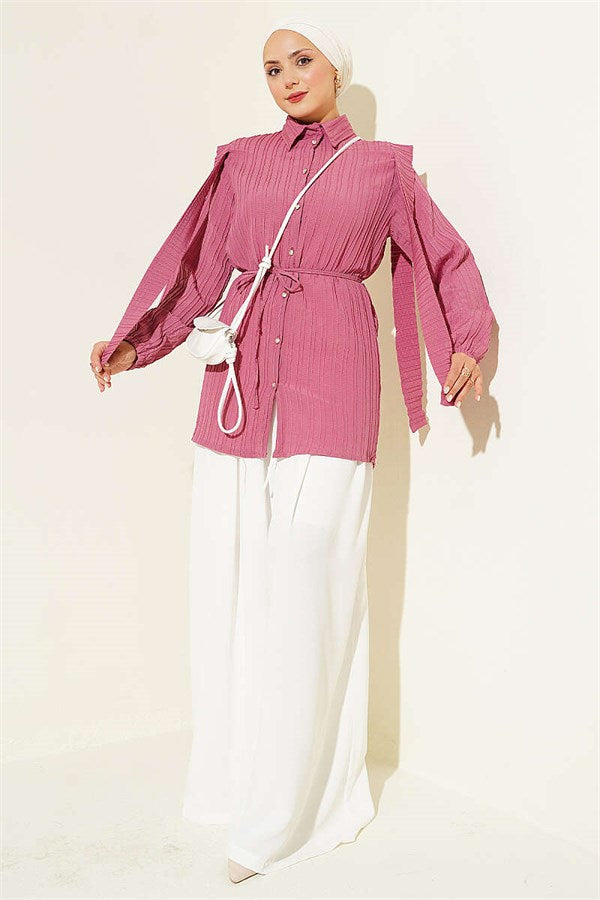 Shoulder Cape Detail Belted Shirt Rose Pink