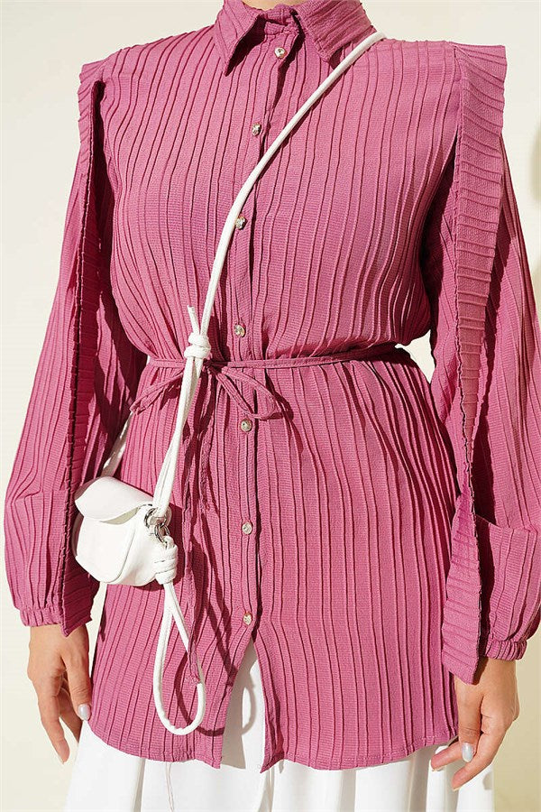 Shoulder Cape Detail Belted Shirt Rose Pink