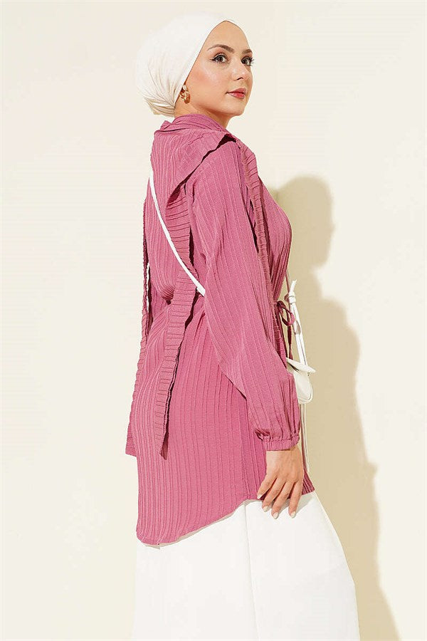 Shoulder Cape Detail Belted Shirt Rose Pink