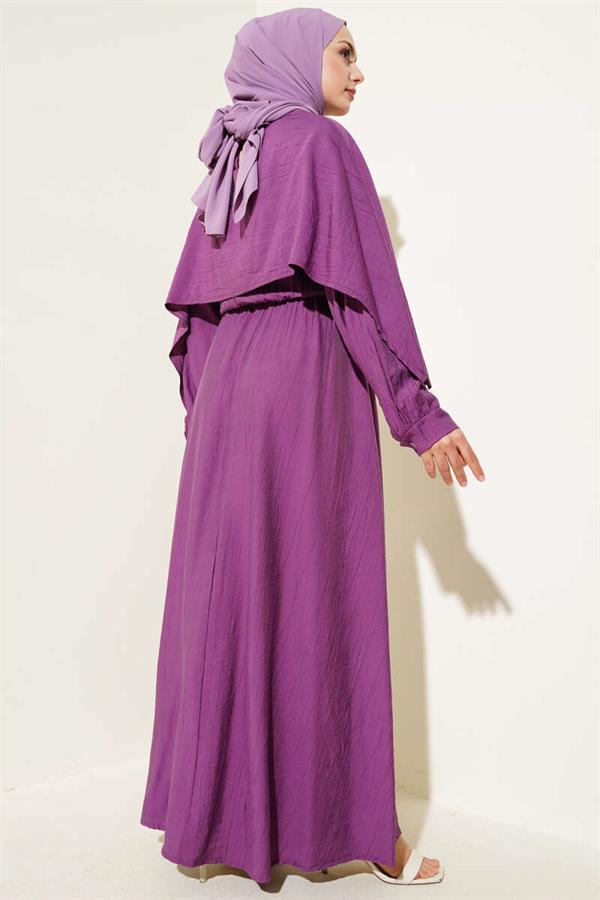Shoulder Cape Elastic Waist Dress Magenta